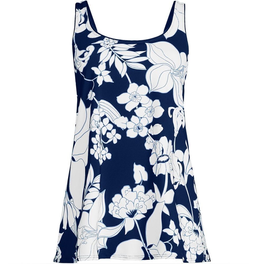 Land's End Plus Standard Size Scoop neck 1 piece deep sea navy white lilies L